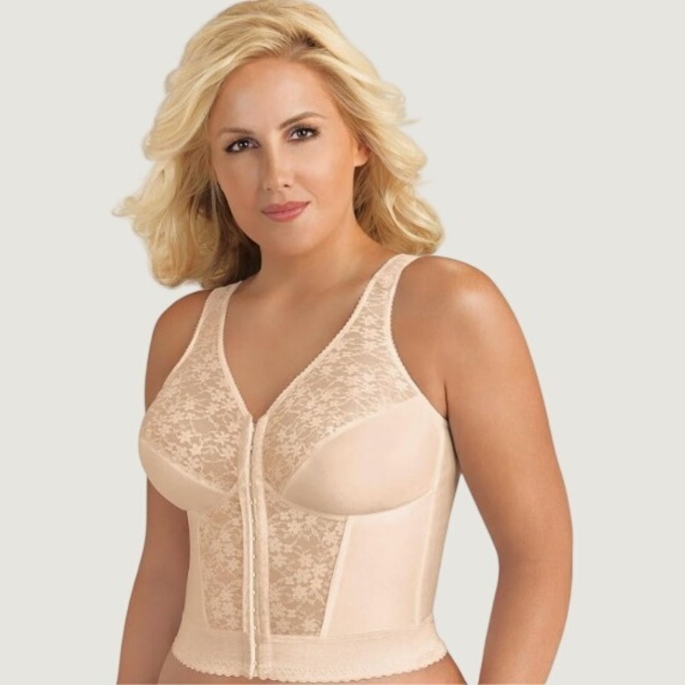 Exquisite Form Front Closure Longline Bra Womens 44D Beige Lace Posture Retro